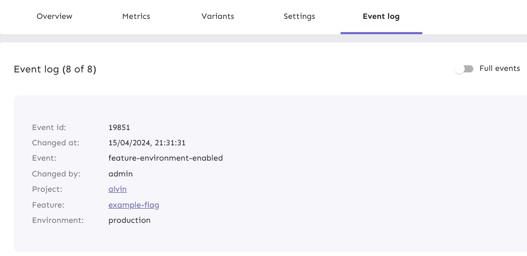 Event Log in Unleash track every single change made to flags, similar to Git commit history.